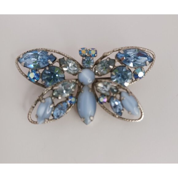 Regency Signed Blue  Aurora Borealis Rhinestone Butterfly Brooch Pin 2"×1.25" - Picture 1 of 6